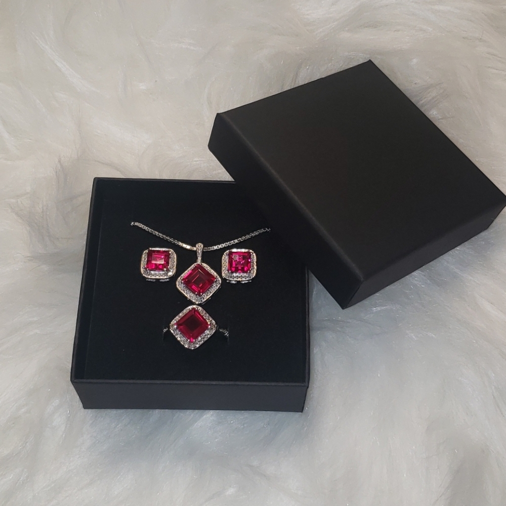 Sterling Silver Ruby Pendant, Ring And Earring Set - image 2